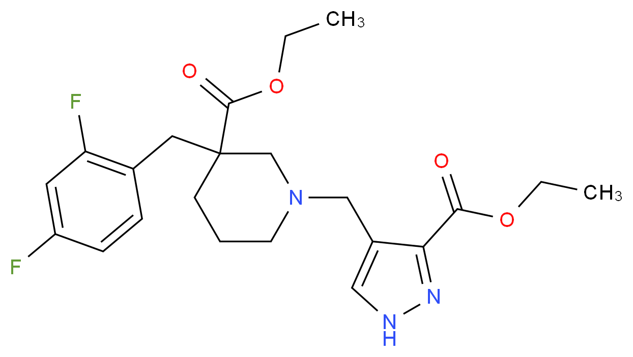ethyl 3-(2,4-difluorobenzyl)-1-{[3-(ethoxycarbonyl)-1H-pyrazol-4-yl]methyl}-3-piperidinecarboxylate_Molecular_structure_CAS_)
