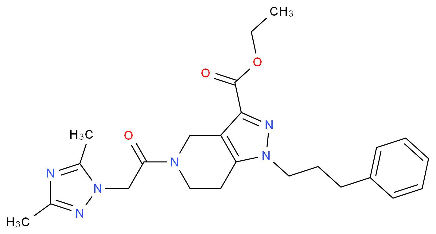 ethyl 5-[(3,5-dimethyl-1H-1,2,4-triazol-1-yl)acetyl]-1-(3-phenylpropyl)-4,5,6,7-tetrahydro-1H-pyrazolo[4,3-c]pyridine-3-carboxylate_Molecular_structure_CAS_)