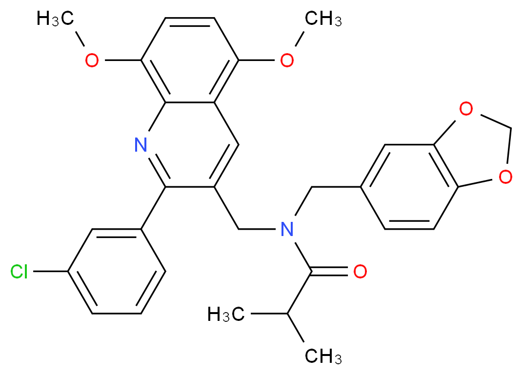 N-(1,3-benzodioxol-5-ylmethyl)-N-{[2-(3-chlorophenyl)-5,8-dimethoxy-3-quinolinyl]methyl}-2-methylpropanamide_Molecular_structure_CAS_)