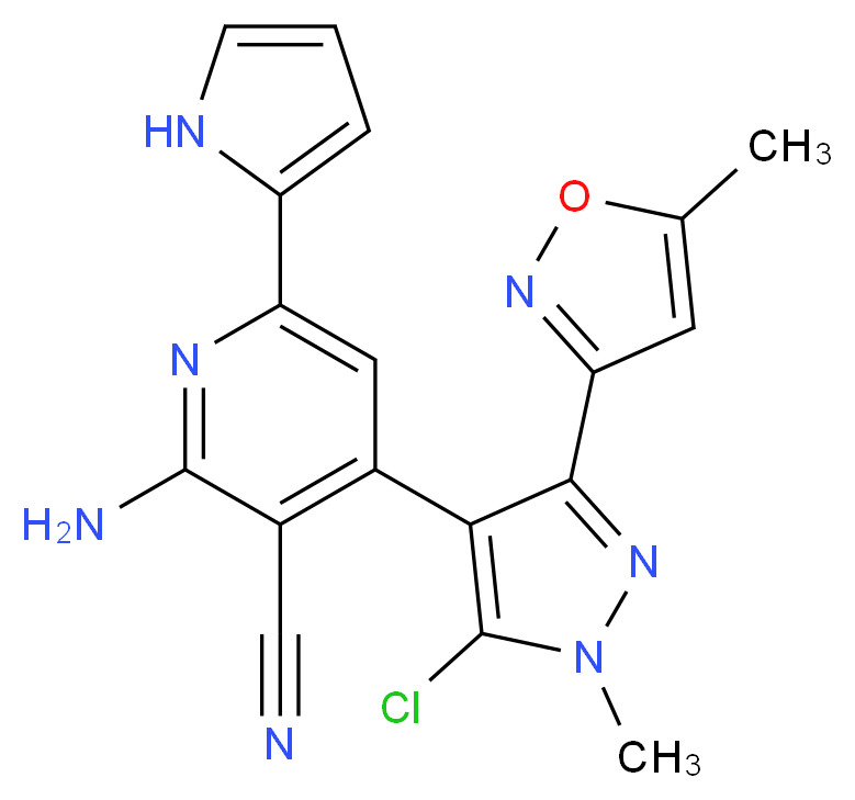 2-amino-4-[5-chloro-1-methyl-3-(5-methylisoxazol-3-yl)-1H-pyrazol-4-yl]-6-(1H-pyrrol-2-yl)nicotinonitrile_Molecular_structure_CAS_)