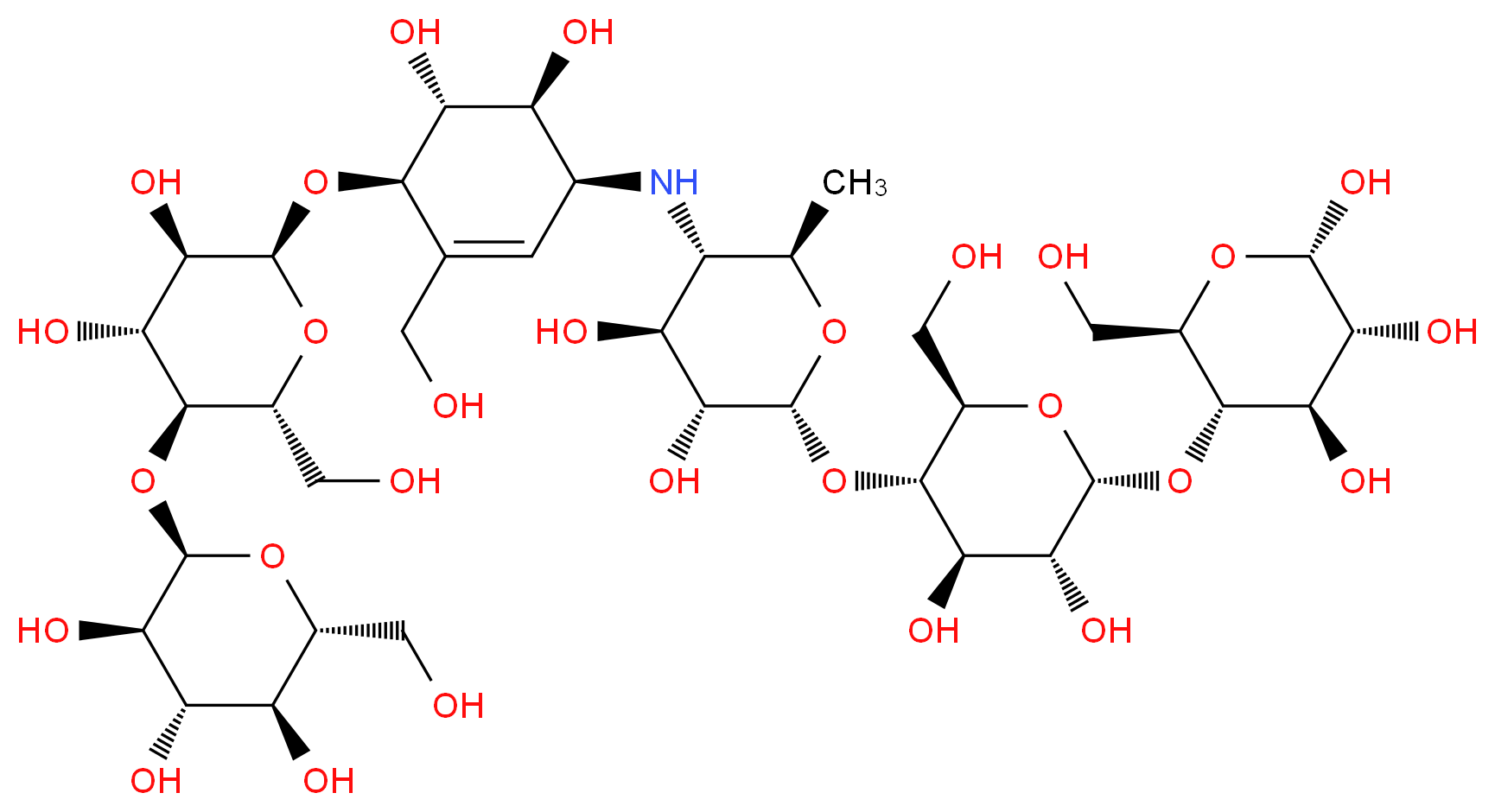 4,6-DIDEOXY-4-{[4-[(4-O-HEXOPYRANOSYLHEXOPYRANOSYL)OXY]-5,6-DIHYDROXY-3-(HYDROXYMETHYL)CYCLOHEX-2-EN-1-YL]AMINO}HEXOPYRANOSYL-(1->4)HEXOPYRANOSYL-(1->4)HEXOPYRANOSE_Molecular_structure_CAS_)