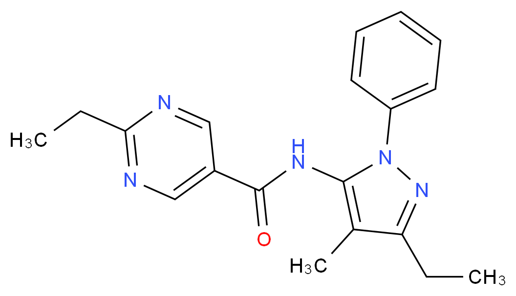 2-ethyl-N-(3-ethyl-4-methyl-1-phenyl-1H-pyrazol-5-yl)pyrimidine-5-carboxamide_Molecular_structure_CAS_)