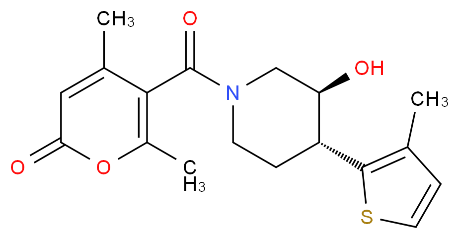 5-{[(3S*,4R*)-3-hydroxy-4-(3-methyl-2-thienyl)piperidin-1-yl]carbonyl}-4,6-dimethyl-2H-pyran-2-one_Molecular_structure_CAS_)