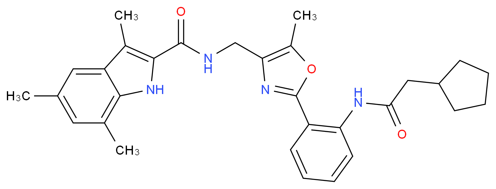 N-[(2-{2-[(cyclopentylacetyl)amino]phenyl}-5-methyl-1,3-oxazol-4-yl)methyl]-3,5,7-trimethyl-1H-indole-2-carboxamide_Molecular_structure_CAS_)