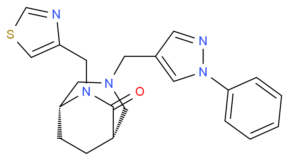 (1S*,5R*)-3-[(1-phenyl-1H-pyrazol-4-yl)methyl]-6-(1,3-thiazol-4-ylmethyl)-3,6-diazabicyclo[3.2.2]nonan-7-one_Molecular_structure_CAS_)