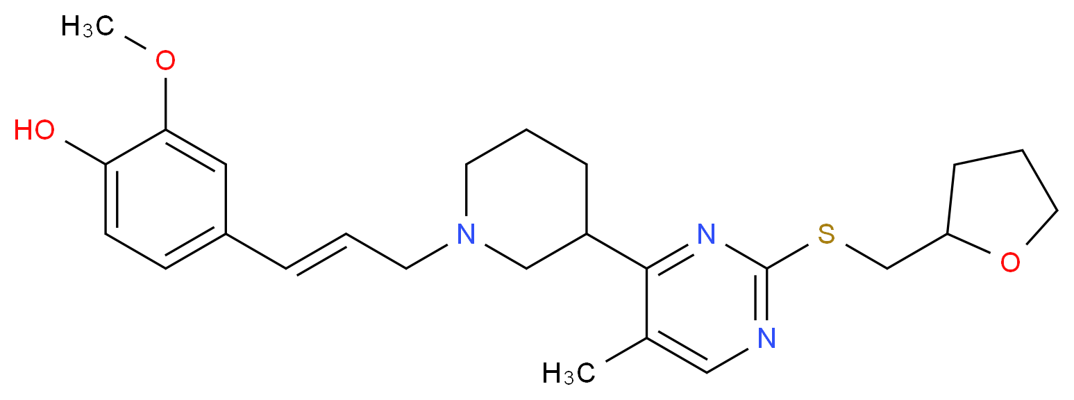 2-methoxy-4-[(1E)-3-(3-{5-methyl-2-[(tetrahydro-2-furanylmethyl)thio]-4-pyrimidinyl}-1-piperidinyl)-1-propen-1-yl]phenol_Molecular_structure_CAS_)