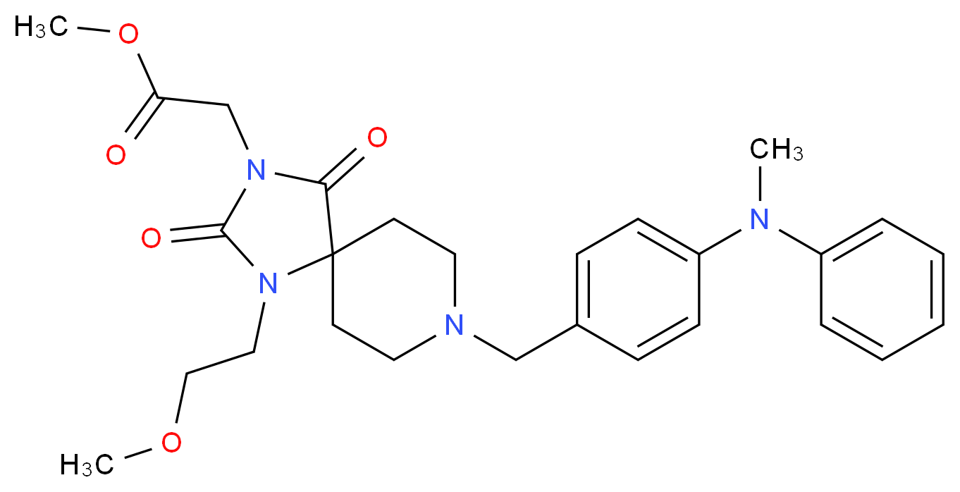 methyl (1-(2-methoxyethyl)-8-{4-[methyl(phenyl)amino]benzyl}-2,4-dioxo-1,3,8-triazaspiro[4.5]dec-3-yl)acetate_Molecular_structure_CAS_)