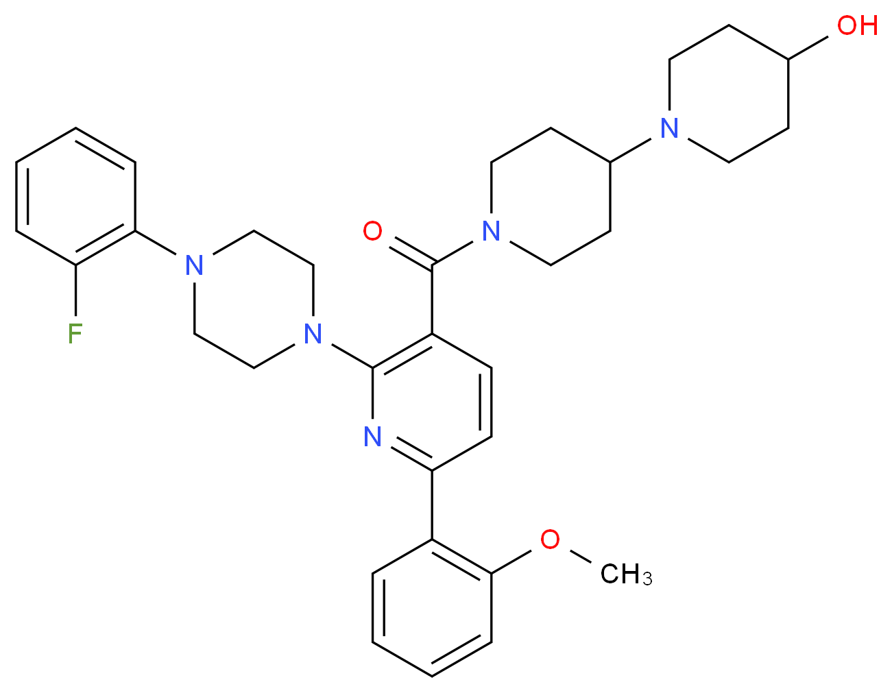 1'-{[2-[4-(2-fluorophenyl)-1-piperazinyl]-6-(2-methoxyphenyl)-3-pyridinyl]carbonyl}-1,4'-bipiperidin-4-ol_Molecular_structure_CAS_)