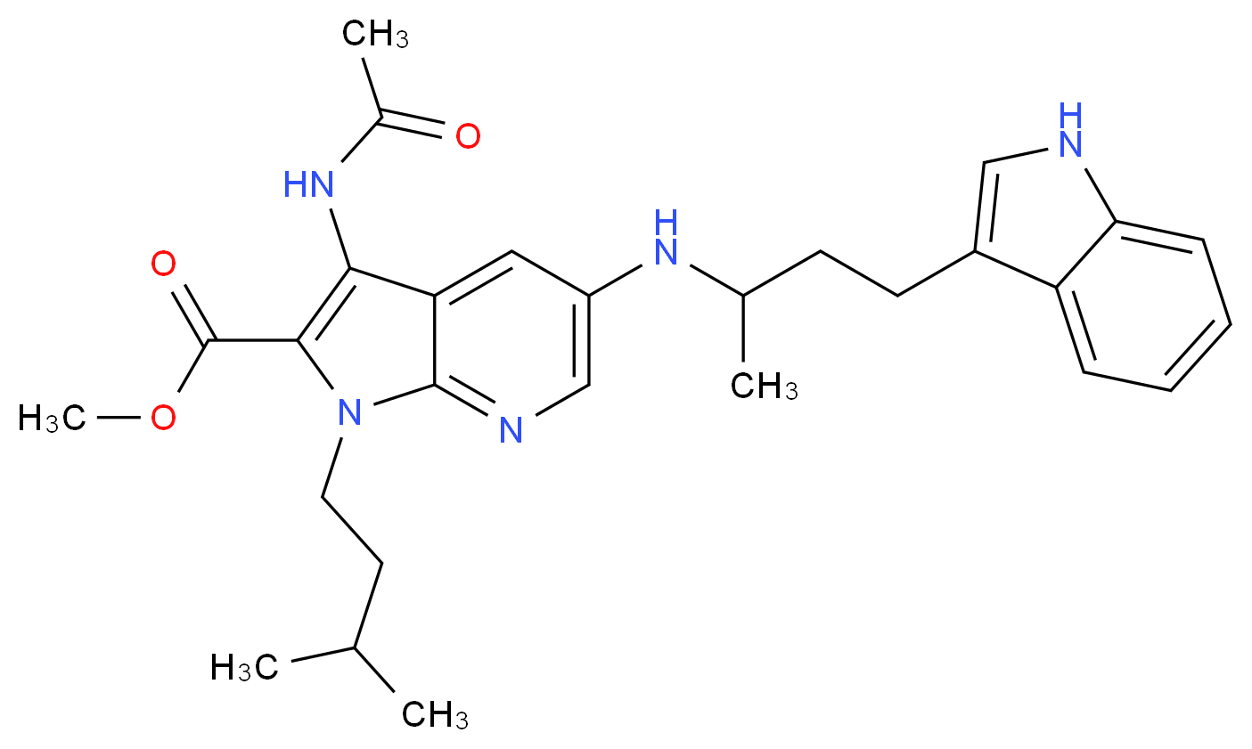 methyl 3-(acetylamino)-5-{[3-(1H-indol-3-yl)-1-methylpropyl]amino}-1-(3-methylbutyl)-1H-pyrrolo[2,3-b]pyridine-2-carboxylate_Molecular_structure_CAS_)
