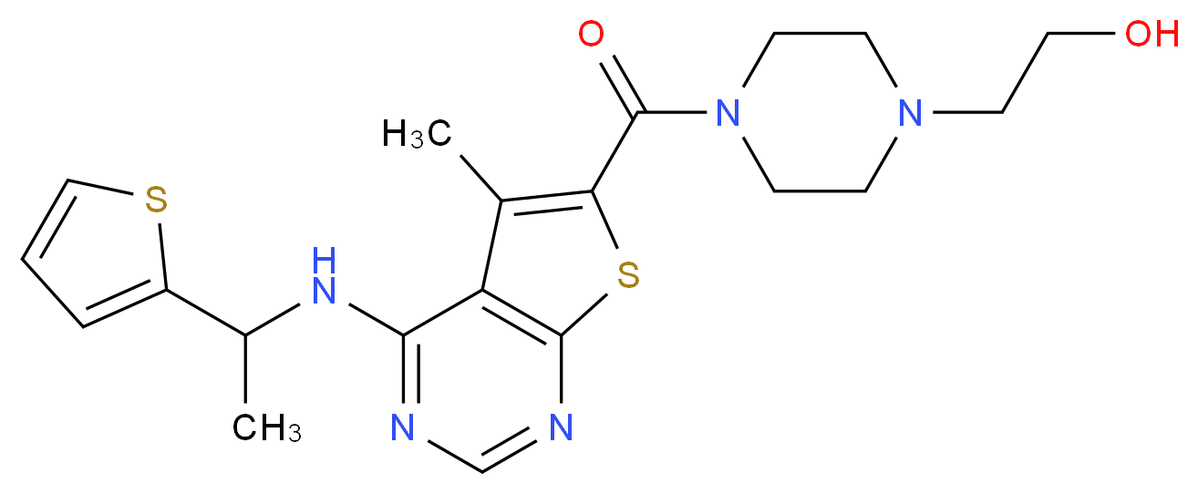 2-{4-[(5-methyl-4-{[1-(2-thienyl)ethyl]amino}thieno[2,3-d]pyrimidin-6-yl)carbonyl]-1-piperazinyl}ethanol_Molecular_structure_CAS_)