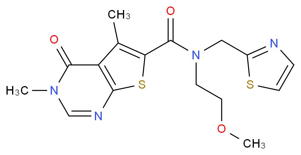 N-(2-methoxyethyl)-3,5-dimethyl-4-oxo-N-(1,3-thiazol-2-ylmethyl)-3,4-dihydrothieno[2,3-d]pyrimidine-6-carboxamide_Molecular_structure_CAS_)