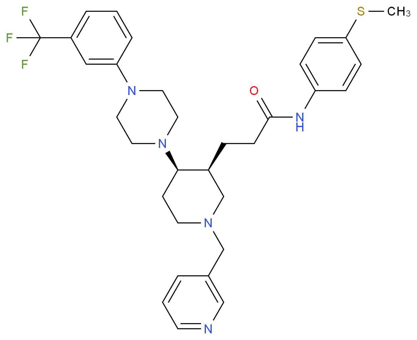 N-[4-(methylthio)phenyl]-3-((3S*,4R*)-1-(3-pyridinylmethyl)-4-{4-[3-(trifluoromethyl)phenyl]-1-piperazinyl}-3-piperidinyl)propanamide_Molecular_structure_CAS_)