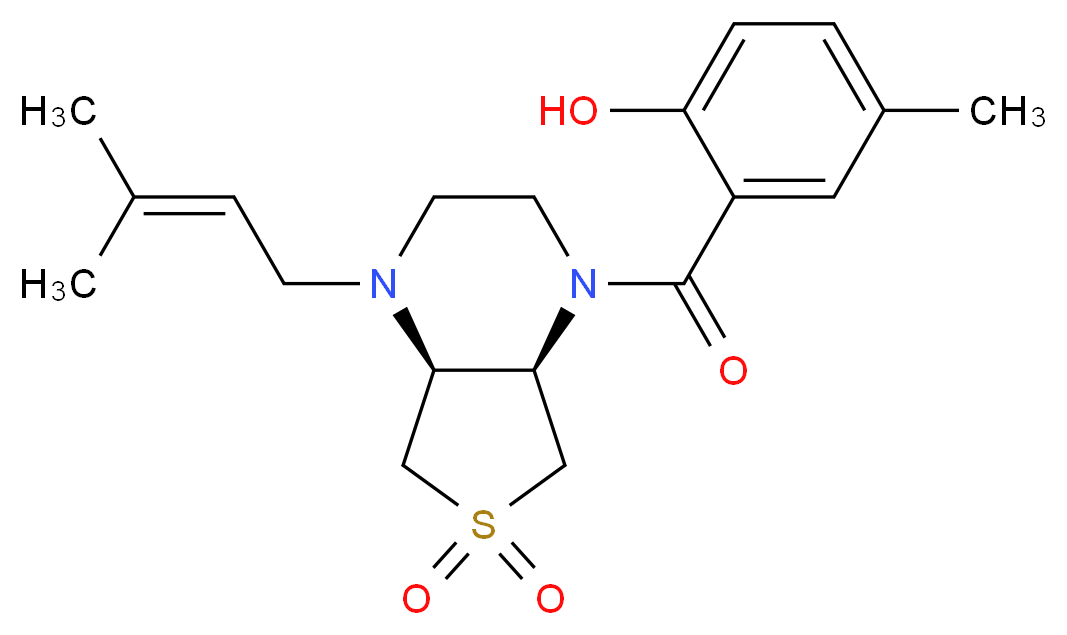 4-methyl-2-{[(4aS*,7aR*)-4-(3-methyl-2-buten-1-yl)-6,6-dioxidohexahydrothieno[3,4-b]pyrazin-1(2H)-yl]carbonyl}phenol_Molecular_structure_CAS_)