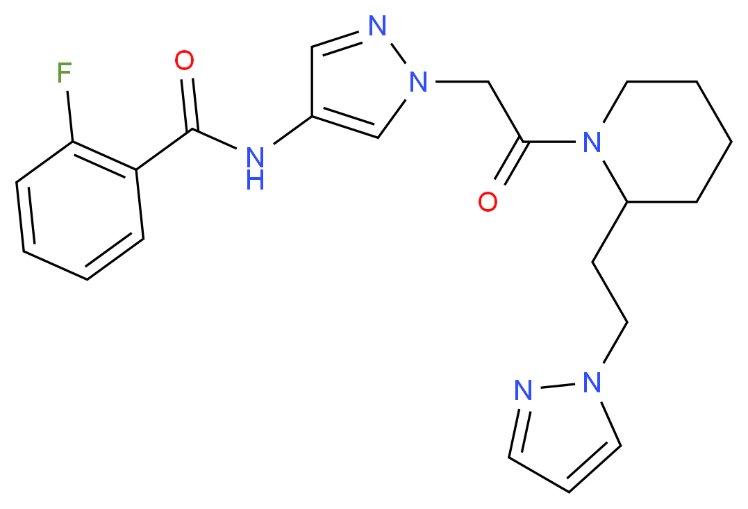 2-fluoro-N-[1-(2-oxo-2-{2-[2-(1H-pyrazol-1-yl)ethyl]-1-piperidinyl}ethyl)-1H-pyrazol-4-yl]benzamide_Molecular_structure_CAS_)