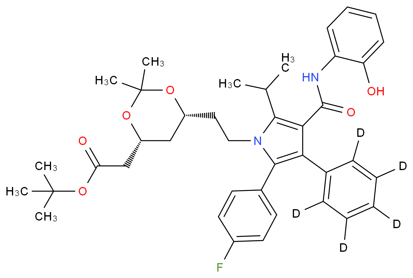 (6-{2-[2-(4-Fluoro-phenyl)-4-(2-hydroxy-phenylcarbamoyl)-5-isopropyl-3-phenyl-d5-pyrrol-1-yl]-ethyl}-2,2-dimethyl-[1,3]-dioxane-4-yl)-acetic Acid, tert-Butyl Ester_Molecular_structure_CAS_265989-42-2)