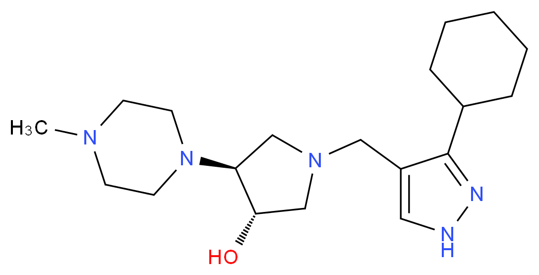 (3S*,4S*)-1-[(3-cyclohexyl-1H-pyrazol-4-yl)methyl]-4-(4-methylpiperazin-1-yl)pyrrolidin-3-ol_Molecular_structure_CAS_)