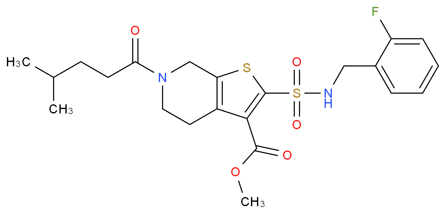 methyl 2-{[(2-fluorobenzyl)amino]sulfonyl}-6-(4-methylpentanoyl)-4,5,6,7-tetrahydrothieno[2,3-c]pyridine-3-carboxylate_Molecular_structure_CAS_)