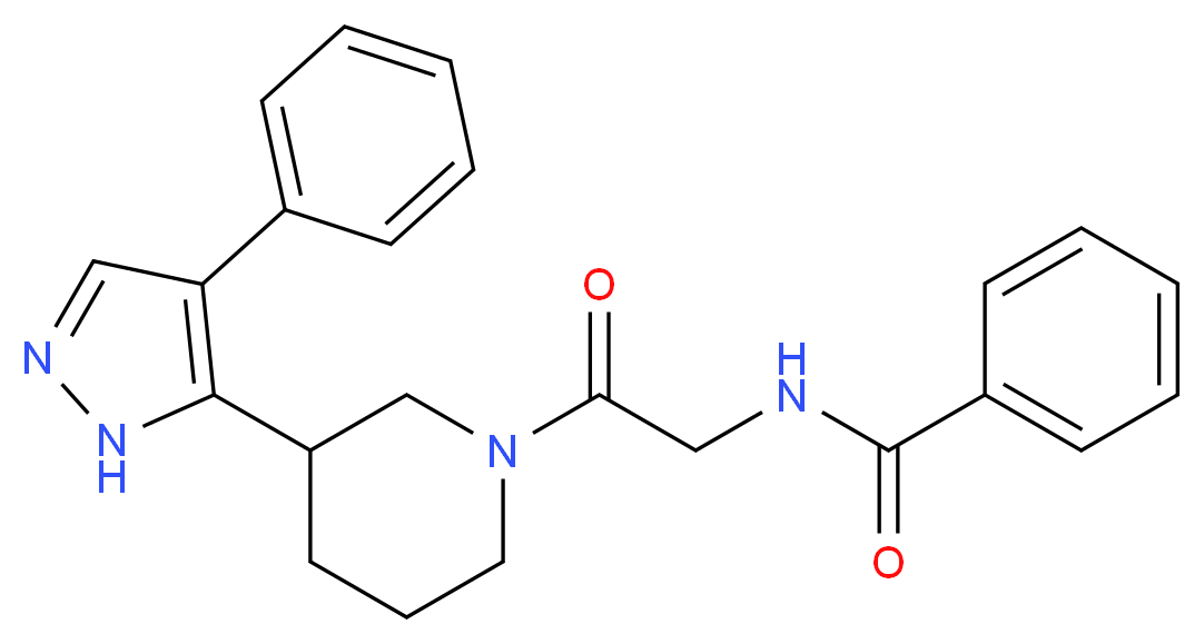 N-{2-oxo-2-[3-(4-phenyl-1H-pyrazol-5-yl)piperidin-1-yl]ethyl}benzamide (non-preferred name)_Molecular_structure_CAS_)