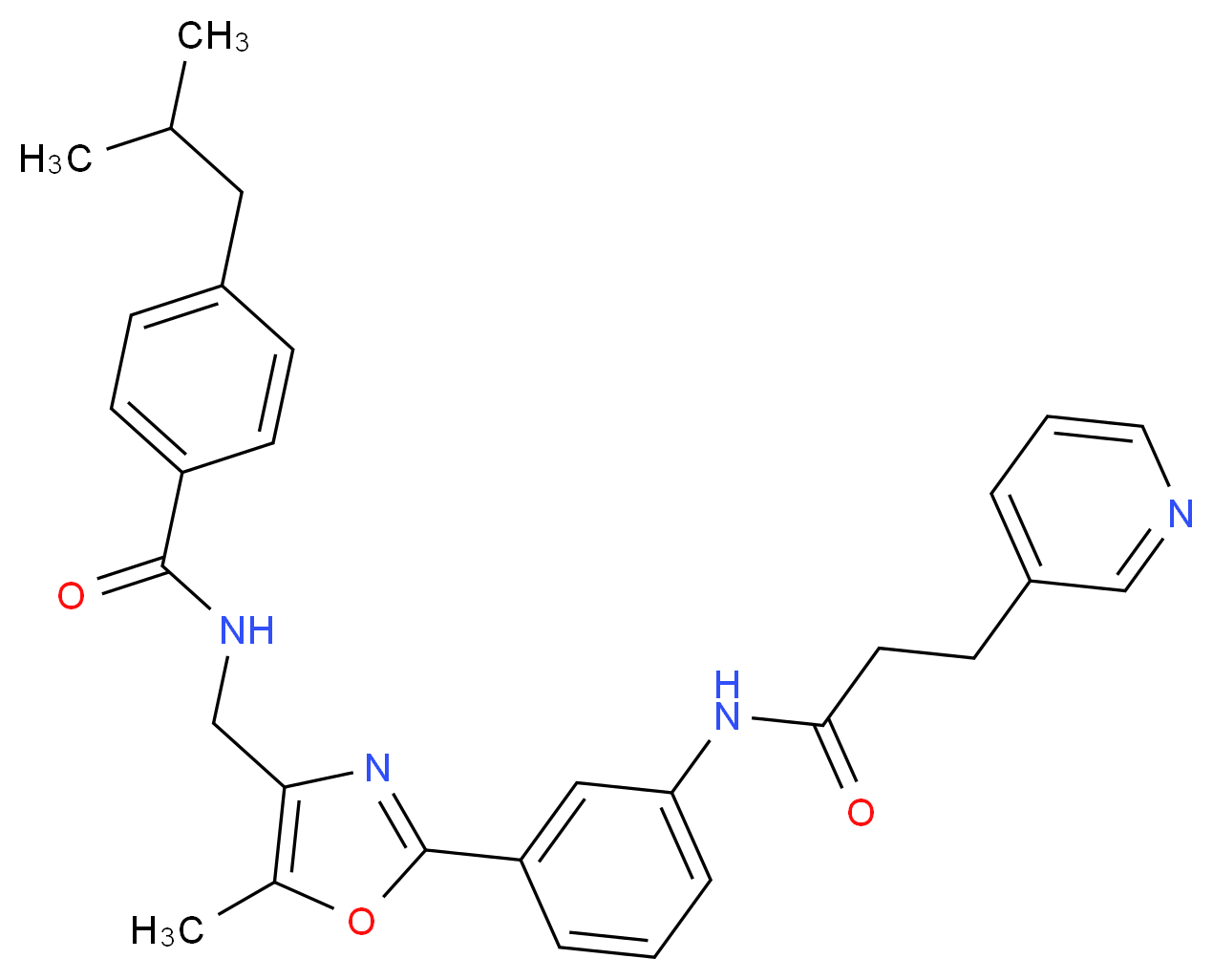 4-isobutyl-N-{[5-methyl-2-(3-{[3-(3-pyridinyl)propanoyl]amino}phenyl)-1,3-oxazol-4-yl]methyl}benzamide_Molecular_structure_CAS_)
