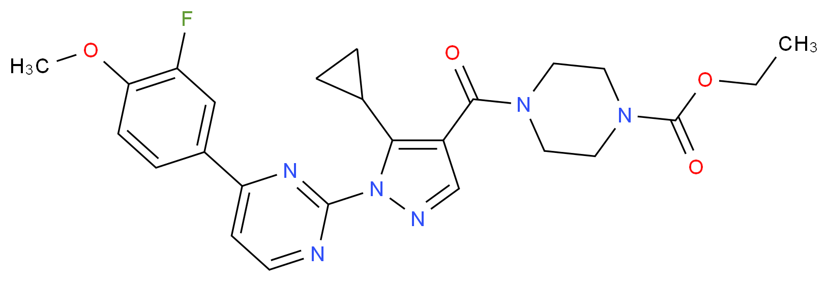 ethyl 4-({5-cyclopropyl-1-[4-(3-fluoro-4-methoxyphenyl)-2-pyrimidinyl]-1H-pyrazol-4-yl}carbonyl)-1-piperazinecarboxylate_Molecular_structure_CAS_)