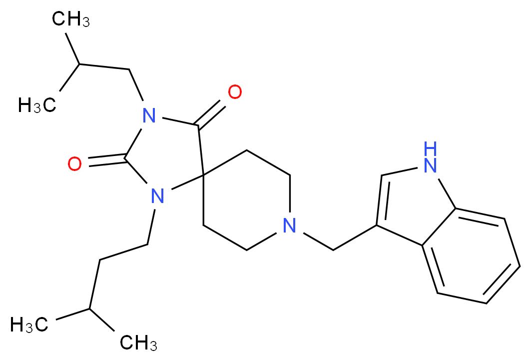 8-(1H-indol-3-ylmethyl)-3-isobutyl-1-(3-methylbutyl)-1,3,8-triazaspiro[4.5]decane-2,4-dione_Molecular_structure_CAS_)