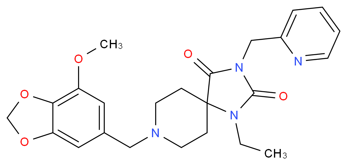 1-ethyl-8-[(7-methoxy-1,3-benzodioxol-5-yl)methyl]-3-(2-pyridinylmethyl)-1,3,8-triazaspiro[4.5]decane-2,4-dione_Molecular_structure_CAS_)