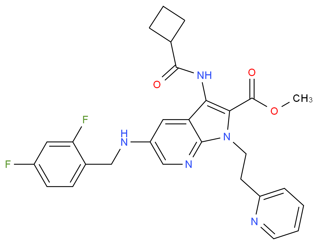 methyl 3-[(cyclobutylcarbonyl)amino]-5-[(2,4-difluorobenzyl)amino]-1-[2-(2-pyridinyl)ethyl]-1H-pyrrolo[2,3-b]pyridine-2-carboxylate_Molecular_structure_CAS_)