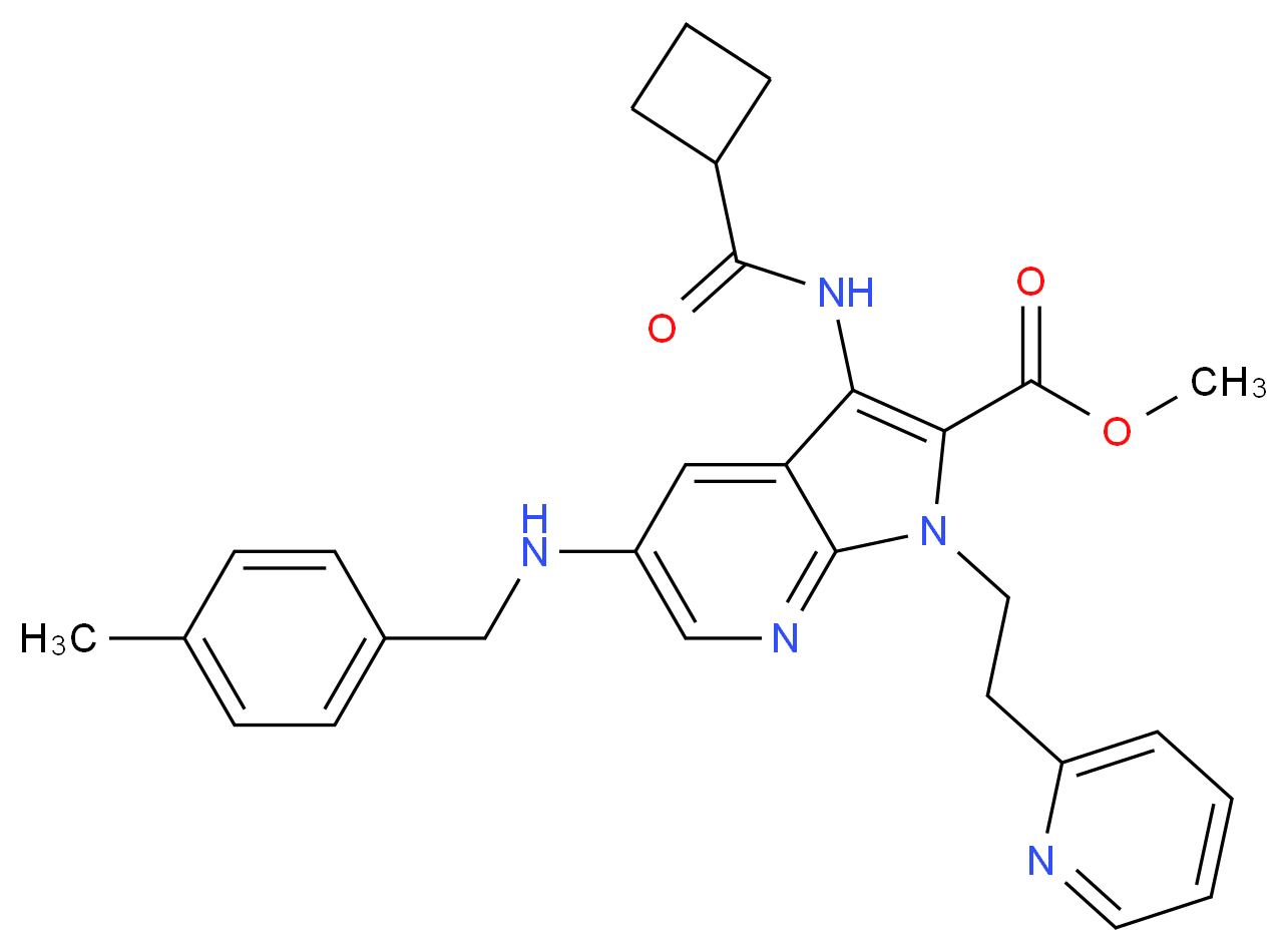 methyl 3-[(cyclobutylcarbonyl)amino]-5-[(4-methylbenzyl)amino]-1-[2-(2-pyridinyl)ethyl]-1H-pyrrolo[2,3-b]pyridine-2-carboxylate_Molecular_structure_CAS_)