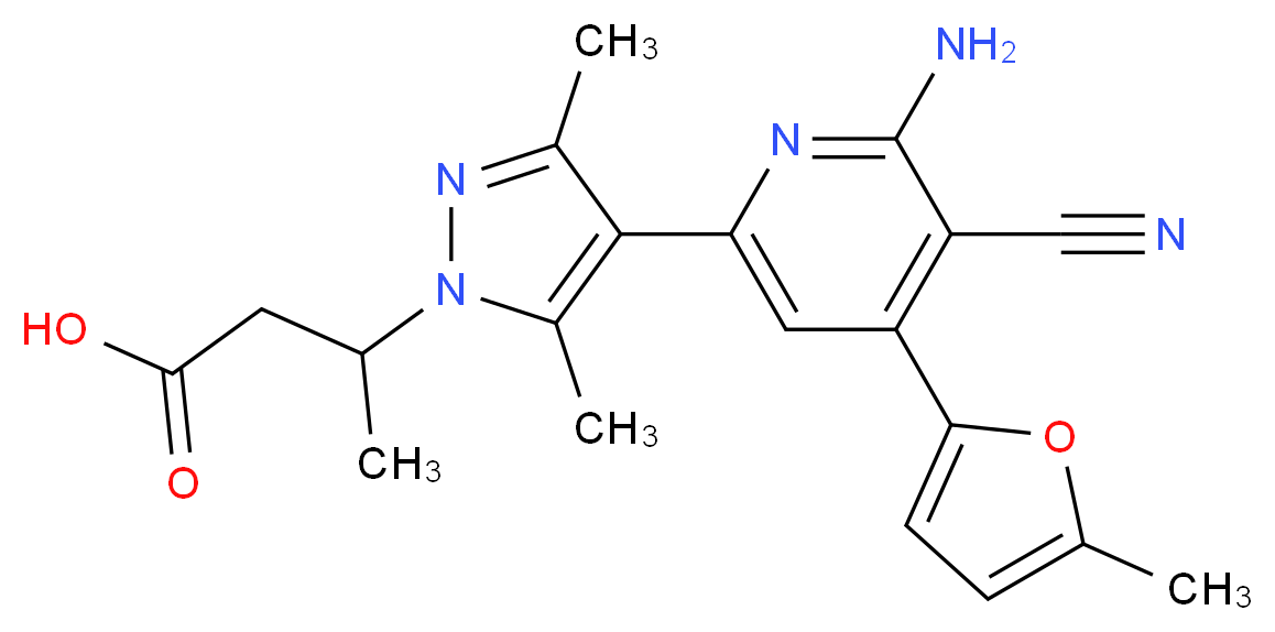 3-{4-[6-amino-5-cyano-4-(5-methyl-2-furyl)pyridin-2-yl]-3,5-dimethyl-1H-pyrazol-1-yl}butanoic acid_Molecular_structure_CAS_)