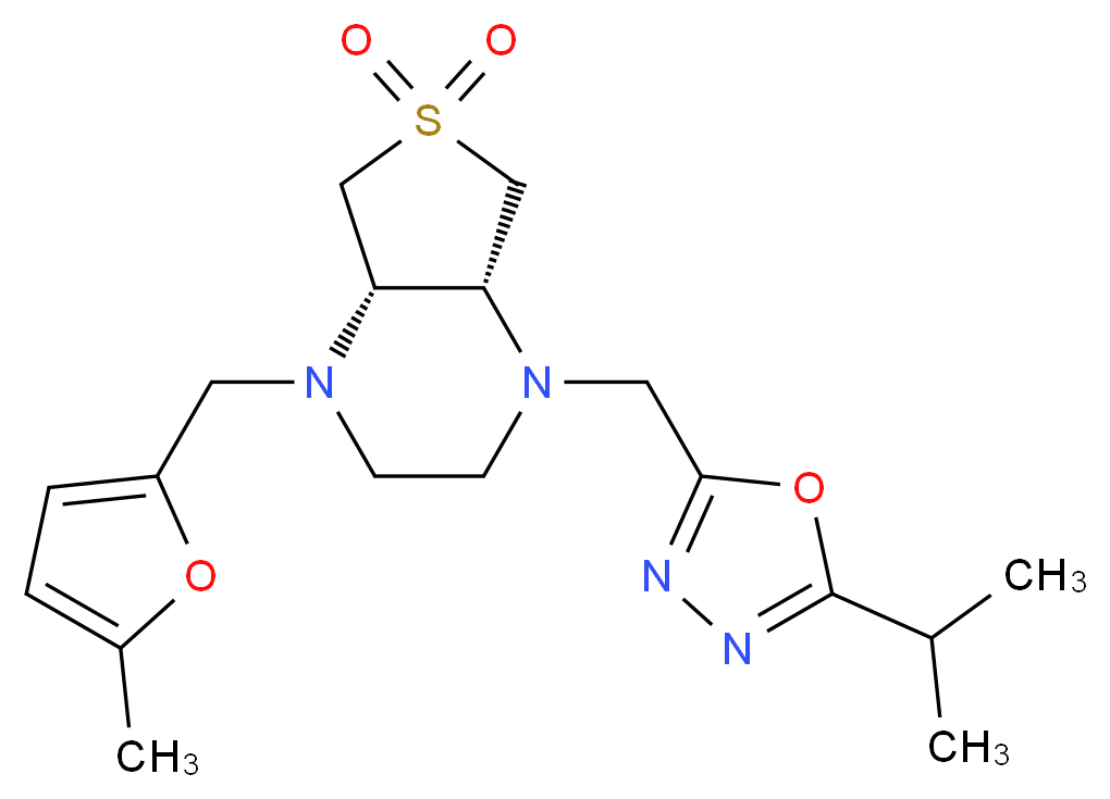 (4aS*,7aR*)-1-[(5-isopropyl-1,3,4-oxadiazol-2-yl)methyl]-4-[(5-methyl-2-furyl)methyl]octahydrothieno[3,4-b]pyrazine 6,6-dioxide_Molecular_structure_CAS_)