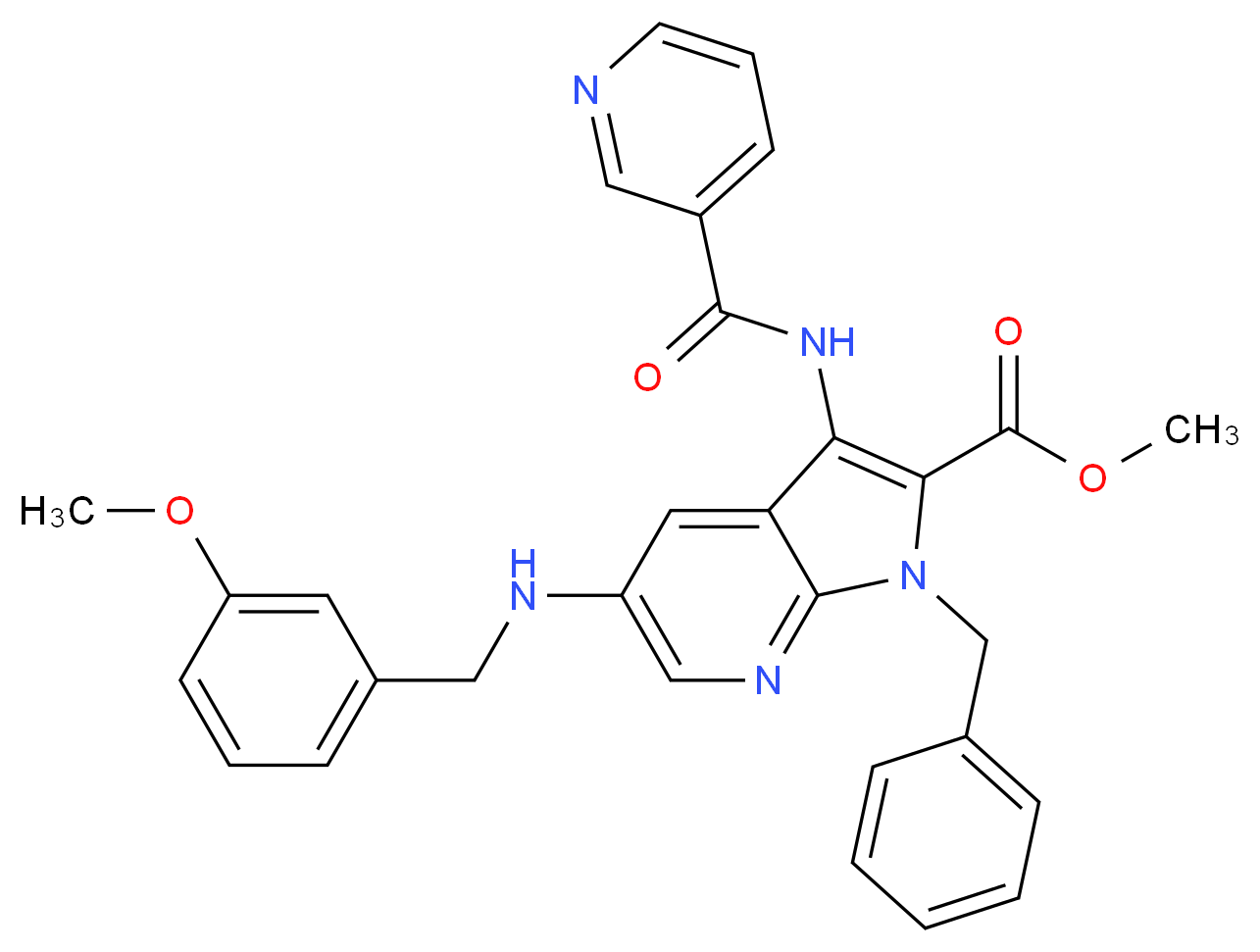 methyl 1-benzyl-5-[(3-methoxybenzyl)amino]-3-[(3-pyridinylcarbonyl)amino]-1H-pyrrolo[2,3-b]pyridine-2-carboxylate_Molecular_structure_CAS_)