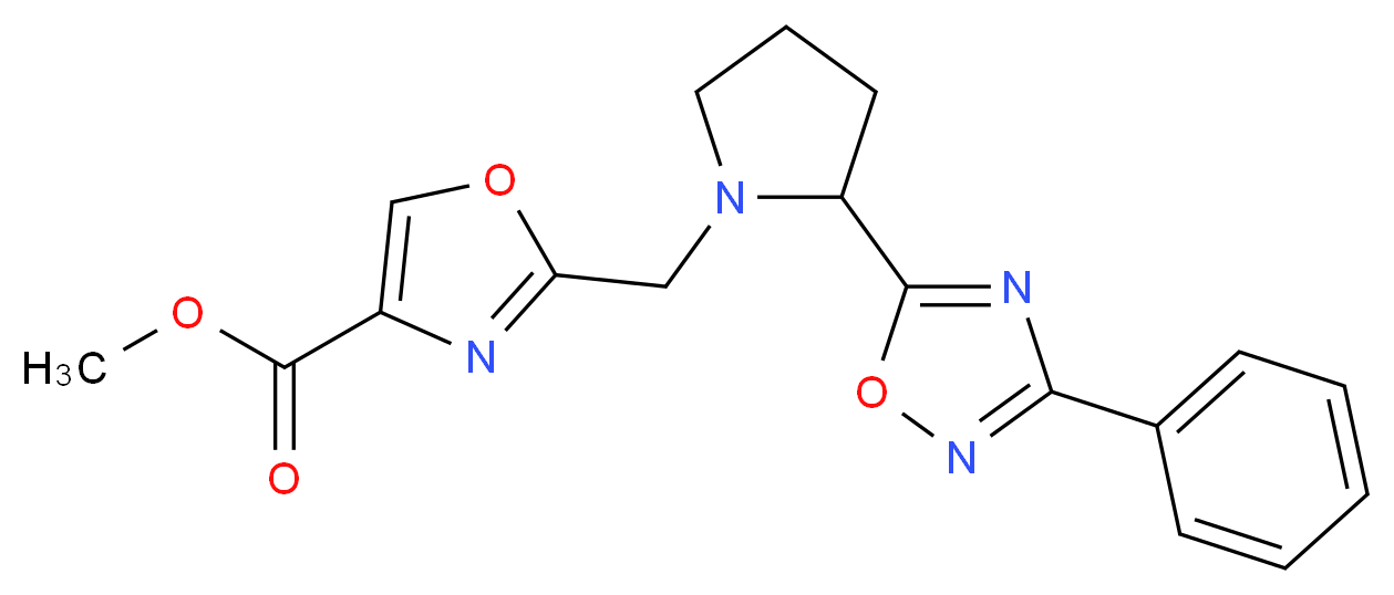 methyl 2-{[2-(3-phenyl-1,2,4-oxadiazol-5-yl)-1-pyrrolidinyl]methyl}-1,3-oxazole-4-carboxylate_Molecular_structure_CAS_)