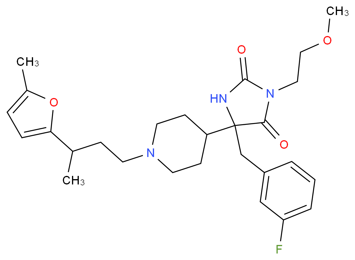 5-(3-fluorobenzyl)-3-(2-methoxyethyl)-5-{1-[3-(5-methyl-2-furyl)butyl]-4-piperidinyl}-2,4-imidazolidinedione_Molecular_structure_CAS_)