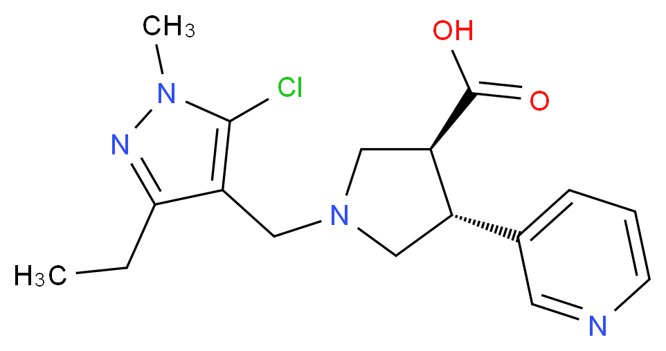(3S*,4R*)-1-[(5-chloro-3-ethyl-1-methyl-1H-pyrazol-4-yl)methyl]-4-pyridin-3-ylpyrrolidine-3-carboxylic acid_Molecular_structure_CAS_)