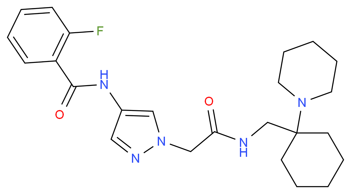 2-fluoro-N-{1-[2-oxo-2-({[1-(1-piperidinyl)cyclohexyl]methyl}amino)ethyl]-1H-pyrazol-4-yl}benzamide_Molecular_structure_CAS_)