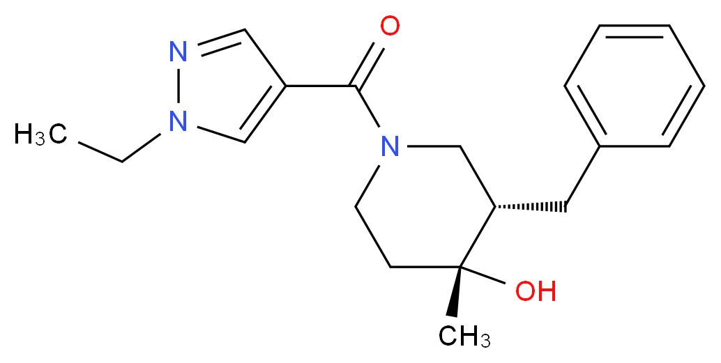(3S*,4R*)-3-benzyl-1-[(1-ethyl-1H-pyrazol-4-yl)carbonyl]-4-methyl-4-piperidinol_Molecular_structure_CAS_)