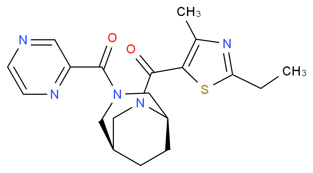 (1S*,5R*)-6-[(2-ethyl-4-methyl-1,3-thiazol-5-yl)carbonyl]-3-(pyrazin-2-ylcarbonyl)-3,6-diazabicyclo[3.2.2]nonane_Molecular_structure_CAS_)