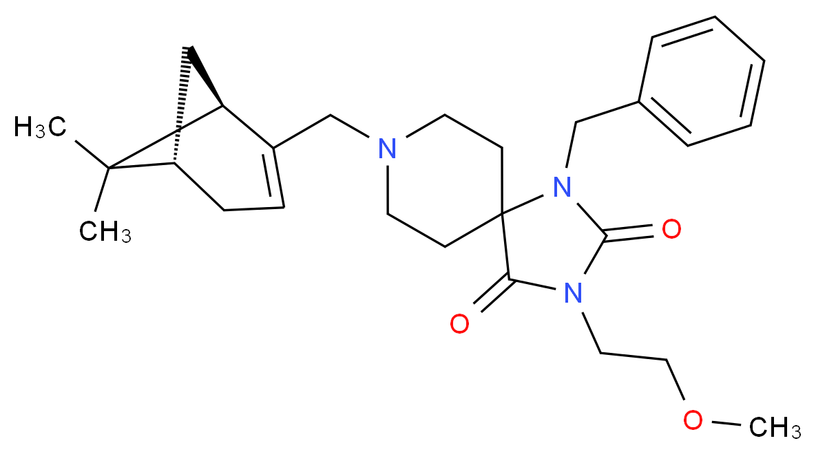 1-benzyl-8-{[(1R,5S)-6,6-dimethylbicyclo[3.1.1]hept-2-en-2-yl]methyl}-3-(2-methoxyethyl)-1,3,8-triazaspiro[4.5]decane-2,4-dione_Molecular_structure_CAS_)