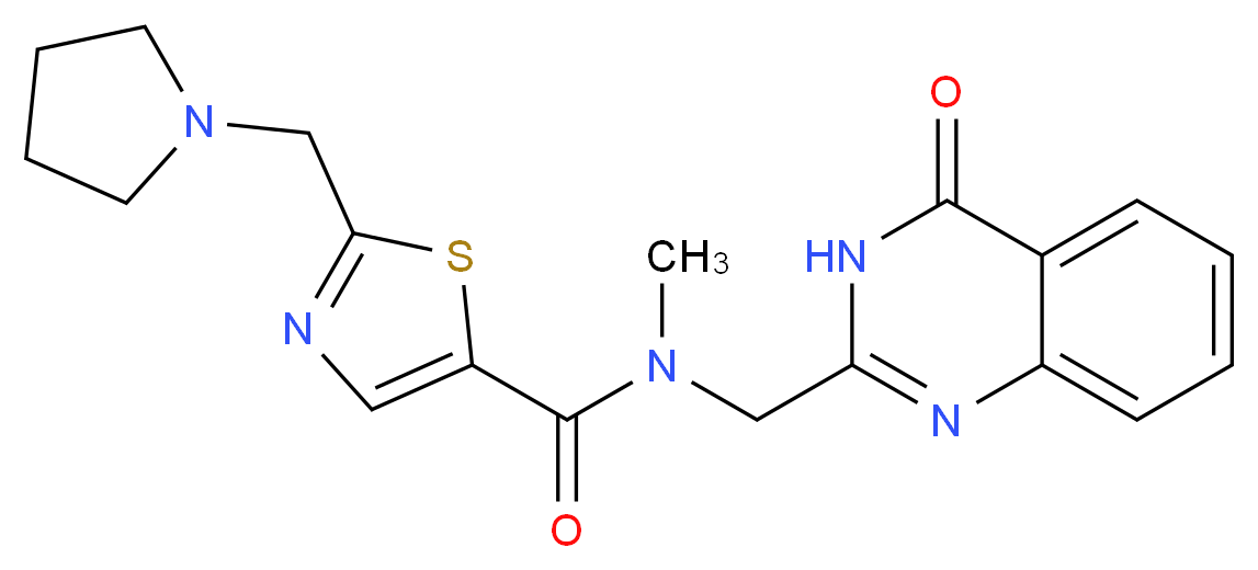N-methyl-N-[(4-oxo-3,4-dihydro-2-quinazolinyl)methyl]-2-(1-pyrrolidinylmethyl)-1,3-thiazole-5-carboxamide_Molecular_structure_CAS_)