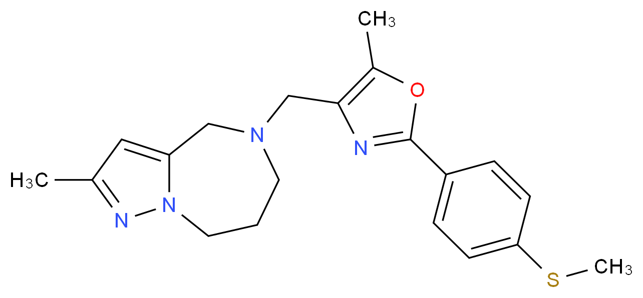 2-methyl-5-({5-methyl-2-[4-(methylthio)phenyl]-1,3-oxazol-4-yl}methyl)-5,6,7,8-tetrahydro-4H-pyrazolo[1,5-a][1,4]diazepine_Molecular_structure_CAS_)