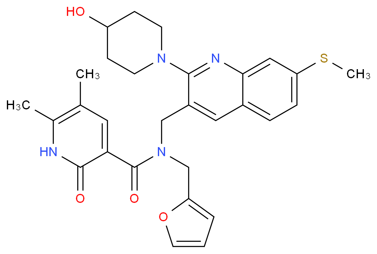 N-(2-furylmethyl)-N-{[2-(4-hydroxy-1-piperidinyl)-7-(methylthio)-3-quinolinyl]methyl}-5,6-dimethyl-2-oxo-1,2-dihydro-3-pyridinecarboxamide_Molecular_structure_CAS_)