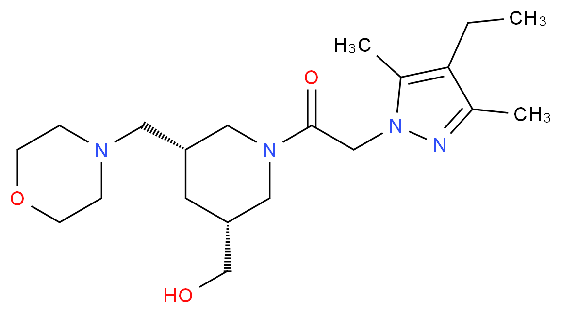 [(3R*,5R*)-1-[(4-ethyl-3,5-dimethyl-1H-pyrazol-1-yl)acetyl]-5-(morpholin-4-ylmethyl)piperidin-3-yl]methanol_Molecular_structure_CAS_)