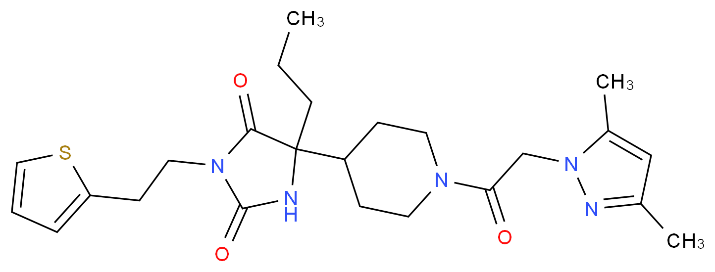 5-{1-[(3,5-dimethyl-1H-pyrazol-1-yl)acetyl]-4-piperidinyl}-5-propyl-3-[2-(2-thienyl)ethyl]-2,4-imidazolidinedione_Molecular_structure_CAS_)