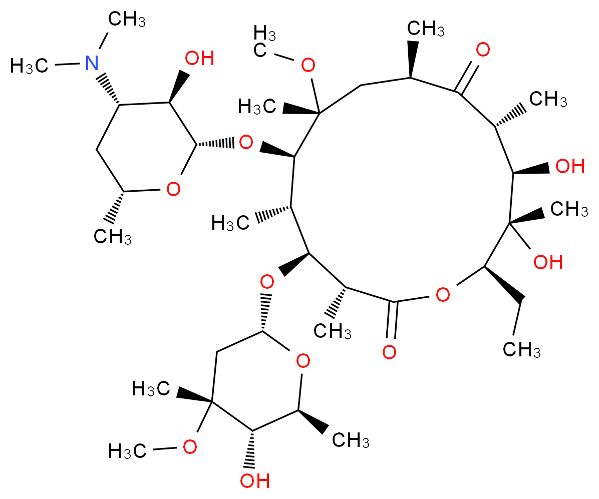 (3R,4S,5S,6R,7R,9R,11R,12R,13S,14R)-6-(((2S,3R,4S,6R)-4-(dimethylamino)-3-hydroxy-6-methyltetrahydro-2H-pyran-2-yl)oxy)-14-ethyl-12,13-dihydroxy-4-(((2R,4R,5S,6S)-5-hydroxy-4-methoxy-4,6-dimethyltetra
hydro-2H-pyran-2-yl)oxy)-7-methoxy-3,5,7,9,11,13-hexame
thyloxacyclotetradecane-2,10-dione_Molecular_structure_CAS_)