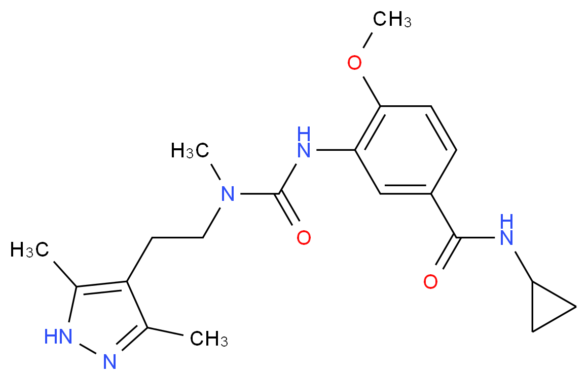 N-cyclopropyl-3-({[[2-(3,5-dimethyl-1H-pyrazol-4-yl)ethyl](methyl)amino]carbonyl}amino)-4-methoxybenzamide_Molecular_structure_CAS_)