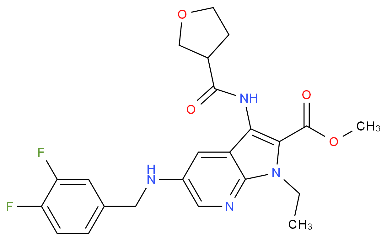 methyl 5-[(3,4-difluorobenzyl)amino]-1-ethyl-3-[(tetrahydro-3-furanylcarbonyl)amino]-1H-pyrrolo[2,3-b]pyridine-2-carboxylate_Molecular_structure_CAS_)