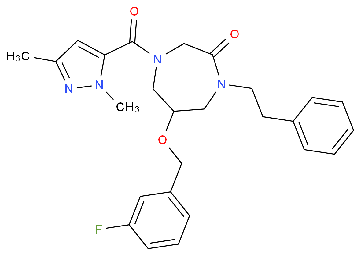 4-[(1,3-dimethyl-1H-pyrazol-5-yl)carbonyl]-6-[(3-fluorobenzyl)oxy]-1-(2-phenylethyl)-1,4-diazepan-2-one_Molecular_structure_CAS_)