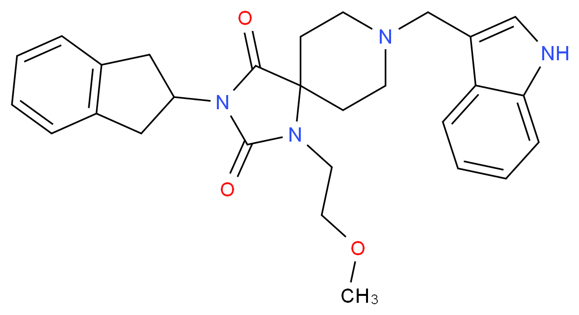 3-(2,3-dihydro-1H-inden-2-yl)-8-(1H-indol-3-ylmethyl)-1-(2-methoxyethyl)-1,3,8-triazaspiro[4.5]decane-2,4-dione_Molecular_structure_CAS_)