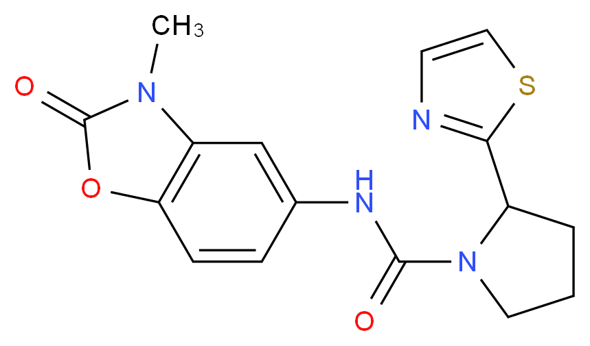 N-(3-methyl-2-oxo-2,3-dihydro-1,3-benzoxazol-5-yl)-2-(1,3-thiazol-2-yl)pyrrolidine-1-carboxamide_Molecular_structure_CAS_)