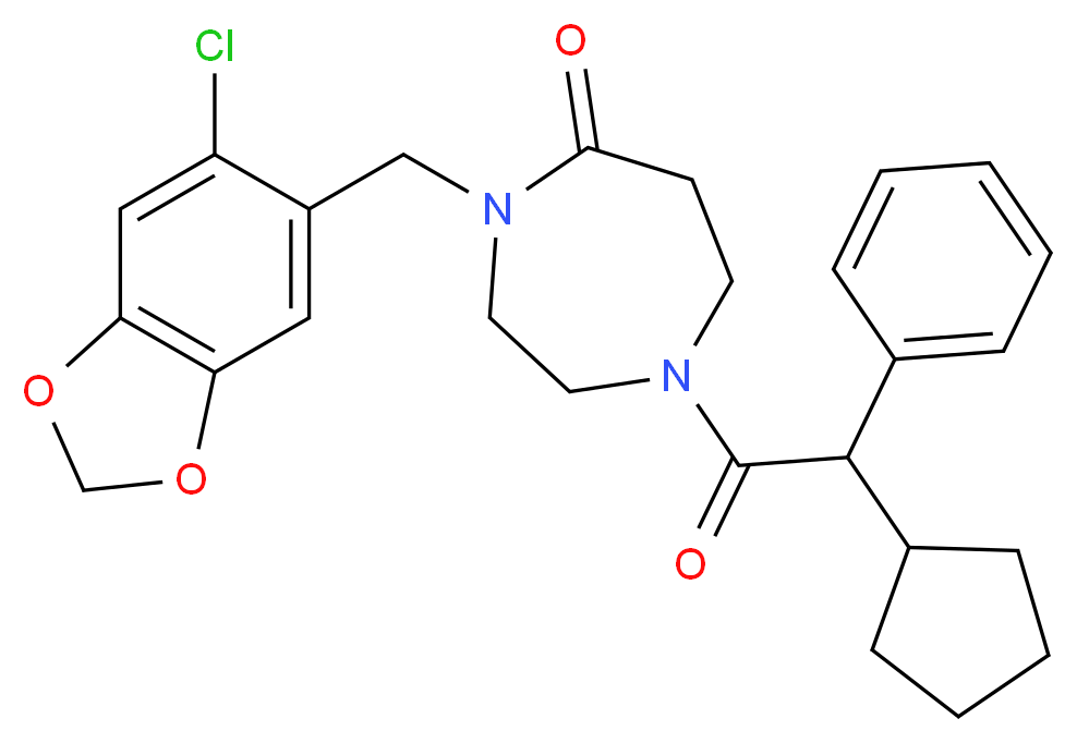 4-[(6-chloro-1,3-benzodioxol-5-yl)methyl]-1-[cyclopentyl(phenyl)acetyl]-1,4-diazepan-5-one_Molecular_structure_CAS_)